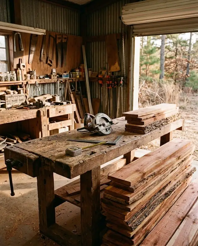 Illustration of a carpenter's workbench with tools and cedar boards