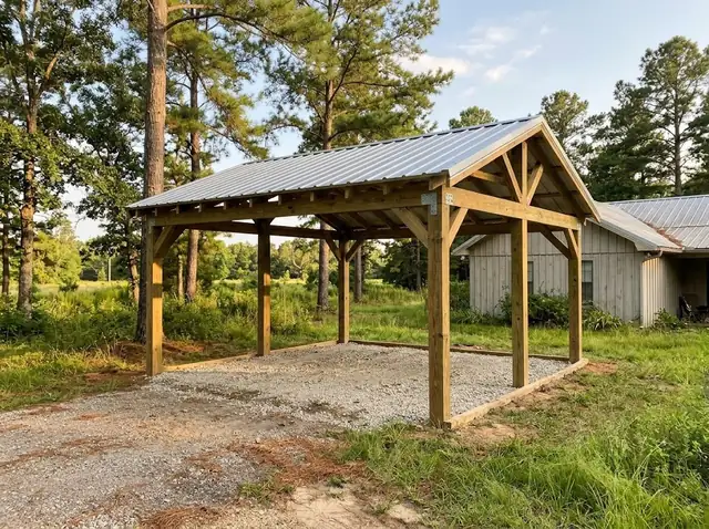 Illustration of a timber-post awning with a metal roof beside a rural home